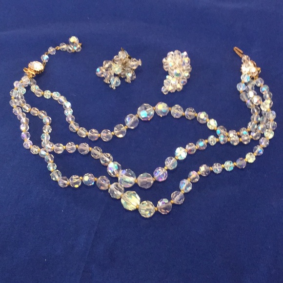 Antique Crystal 3-string Choker necklace-Earrings - Picture 3 of 5